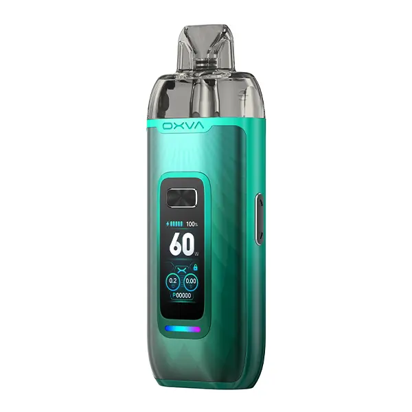 oxva-vprime-pod-kit-6.jpg Oxva VPrime Pod Kit in Türkis/Grün, Vorderansicht mit Farbdisplay und eingesetztem Pod