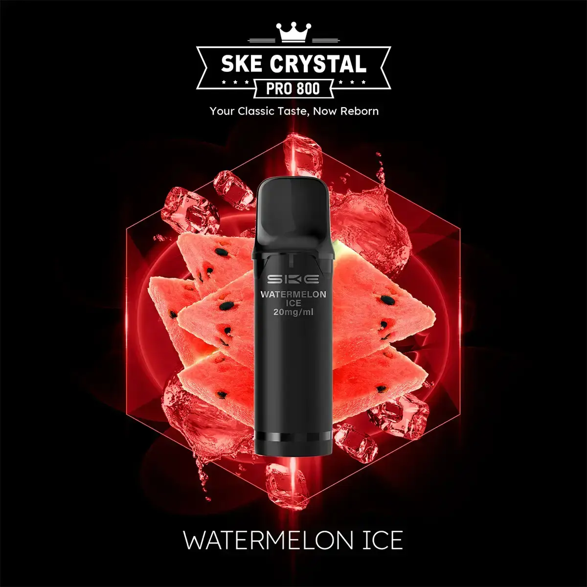 SKE Crystal 800 Pro Prefilled Pod Watermelon Ice – einzelner schwarzer Pod vor leuchtendem Wassermelonen-Hintergrund