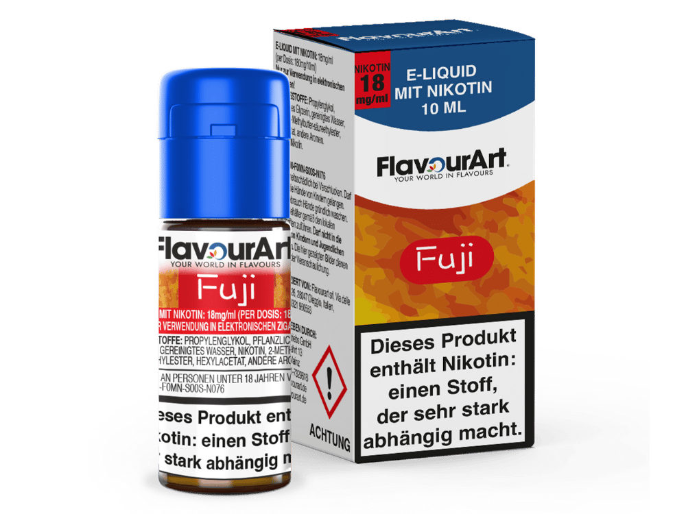 FlavourArt Fuji 10ml Liquid – rote Flasche mit Schachtel, Frontansicht, E-Liquid mit Nikotin