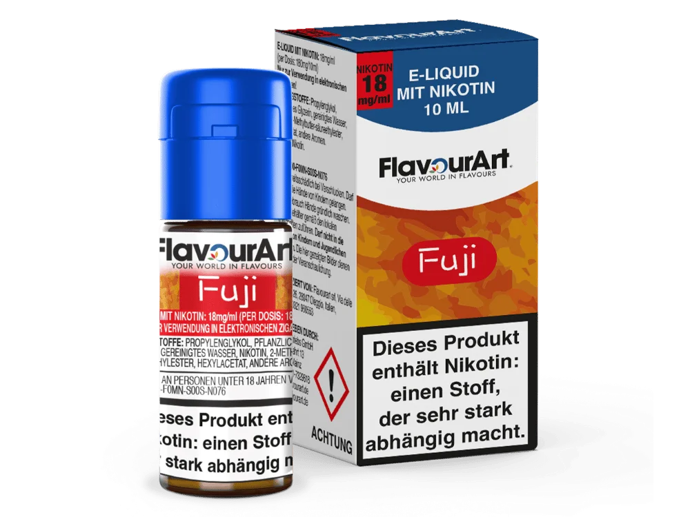 FlavourArt_Liquid_Fuji_18_mg_Flasche_Packung_1000x750.png FlavourArt Fuji 10ml Liquid – rote Flasche mit Schachtel, Frontansicht, E-Liquid mit Nikotin