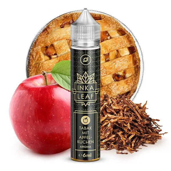 Flavorverse Inka Leaf Tabak Apfelkuchen Longfill-Aroma – 60ml Flasche mit Apfel und Apfelkuchen im Hintergrund