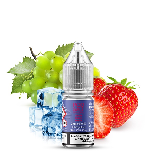 PodSalt Xtra Grape Berry Burst 10ml Nikotinsalz-Liquid, Flasche mit Trauben und Erdbeeren auf der Packung