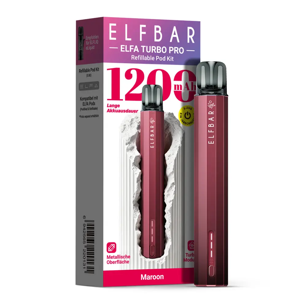 Elfbar Elfa Turbo Pro Pod Kit Maroon in dunkelroter Verpackung mit Gerät und 1200-Aufdruck