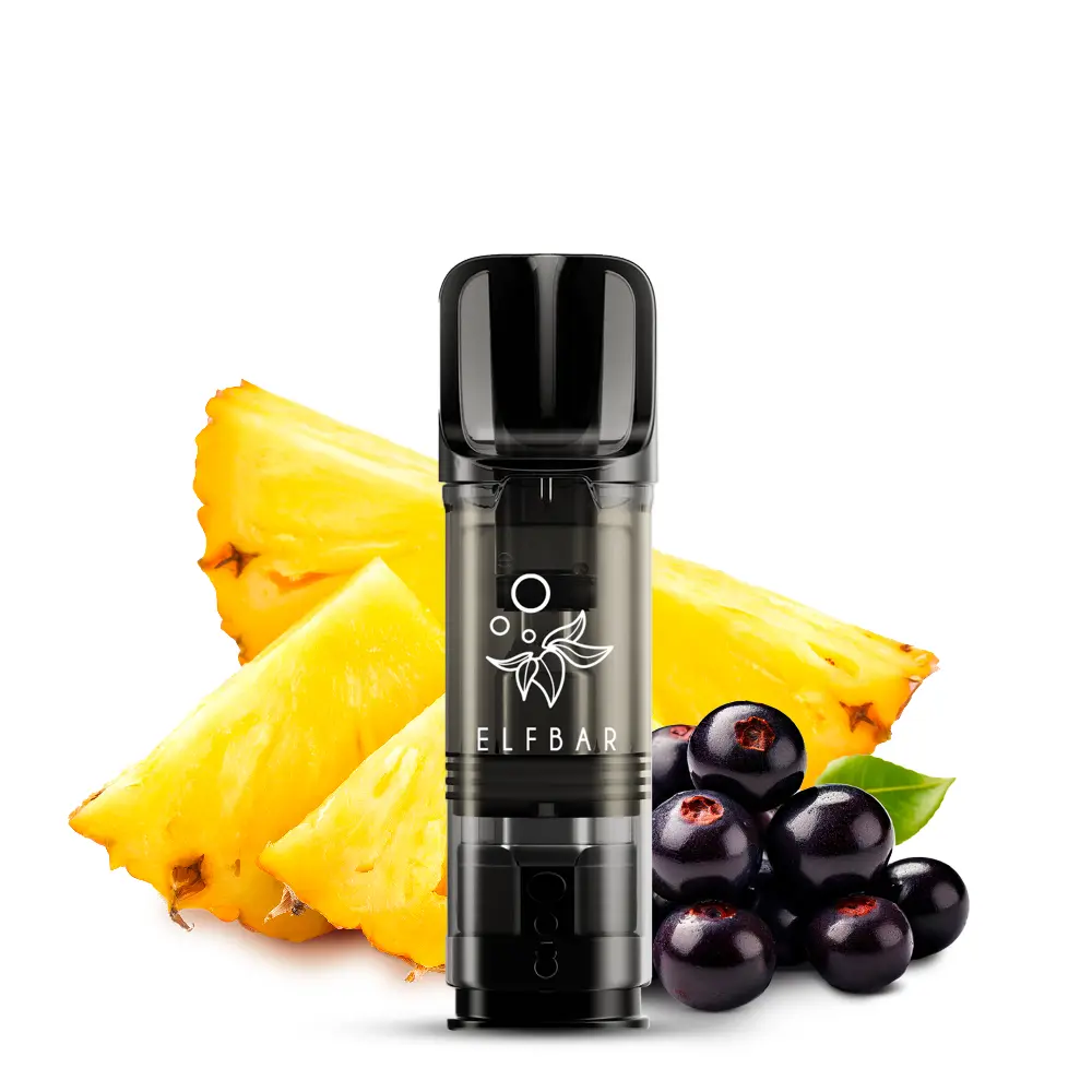 Elfbar Elfa Prefilled Pod Pineapple Acai, schwarzer Pod vor Ananas und Acai-Beeren