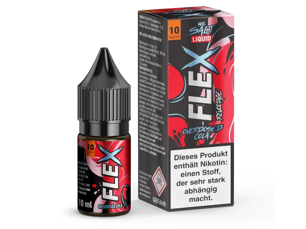 Revoltage Flex Overdosed Cola Nikotinsalz-Liquid 10ml – Flasche und rote Verpackung in der Frontansicht