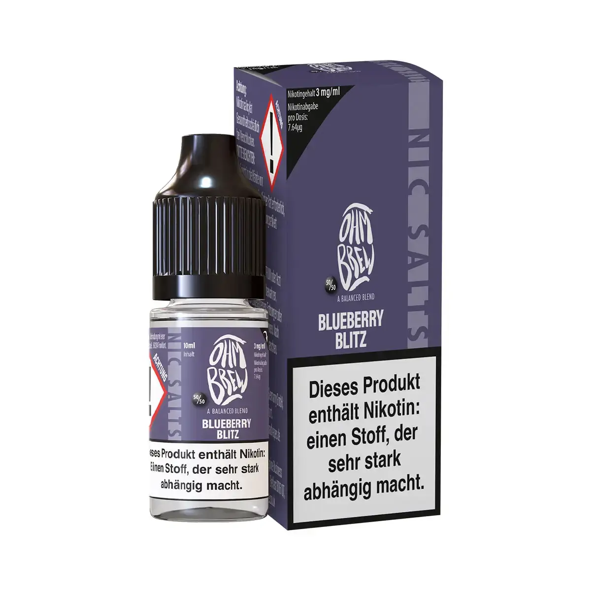 Ohmbrew Blueberry Blitz 10ml Nikotinsalz-Liquid – lila Flasche mit Nikotin-Warnhinweis, schwarze Verpackungsbox seitlich
