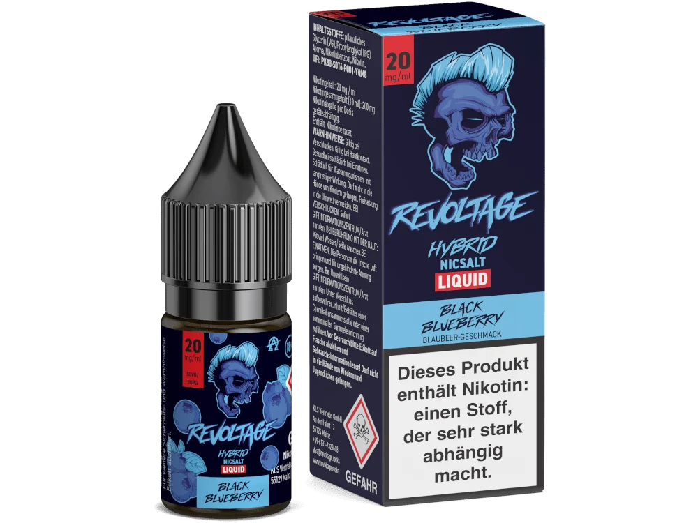revoltage_hybrid_black_blueberry_20mg_1000x750.png Revoltage Black Blueberry 10ml Hybrid-Nikotinsalz-Liquid – Flasche und Verpackung in Dunkelblau