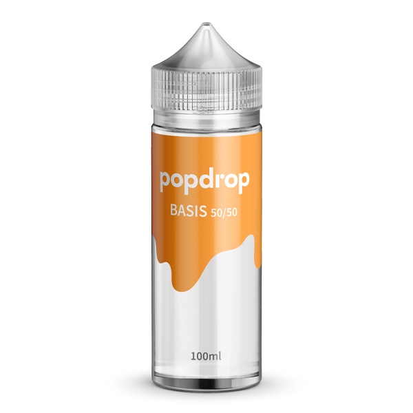 Popdrop Basis 50/50 100ml – 100-ml-Flasche mit orangefarbenem Etikett, Vorderansicht