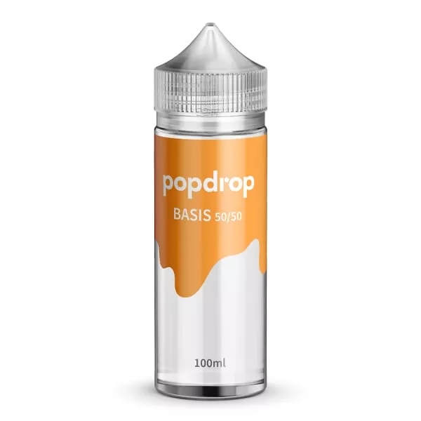 Popdrop Basis 50/50 100ml – 100-ml-Flasche mit orangefarbenem Etikett, Vorderansicht