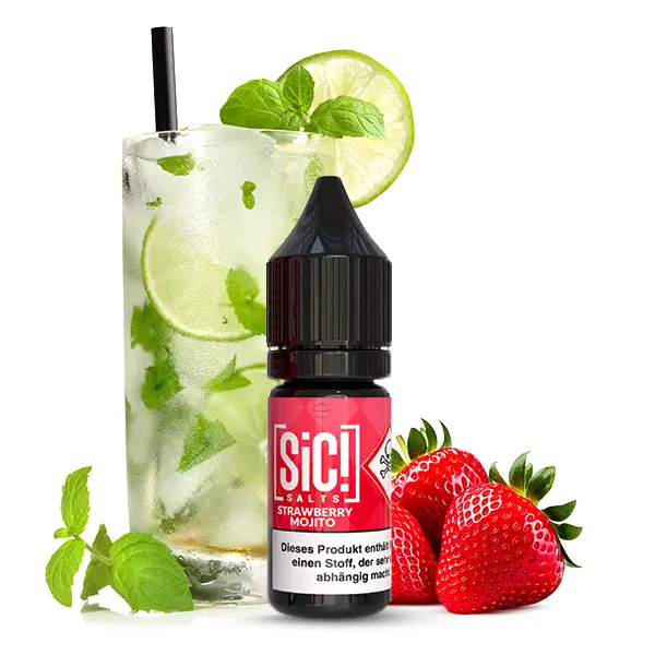 sic-strawberry-mojito-nikotinsalz-1.jpg SiC! Salts Strawberry Mojito 10ml Nikotinsalz-Liquid Flasche mit Mojito-Glas, Limette und Erdbeeren