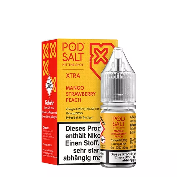 PodSalt Xtra Mango Strawberry Peach 10ml Nikotinsalz-Liquid, orange-gelbe Flasche mit Fruchtmotiv