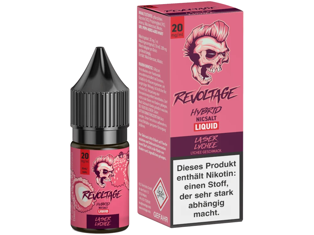 revoltage_hybrid_laser_lychee_20mg_1000x750.png Revoltage Laser Lychee 10ml Hybrid-Nikotinsalz-Liquid – pinke Flasche mit Box und Nikotinhinweis