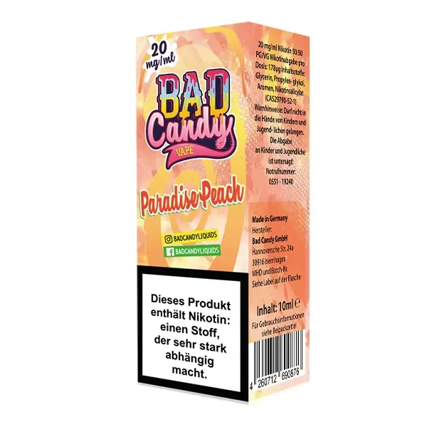 bad-candy-paradise-peach-nikotinsalz-liquid-10ml-2 Bad Candy Paradise Peach 10ml Nikotinsalz-Liquid 20mg, Flasche Vorderansicht mit Warnhinweis