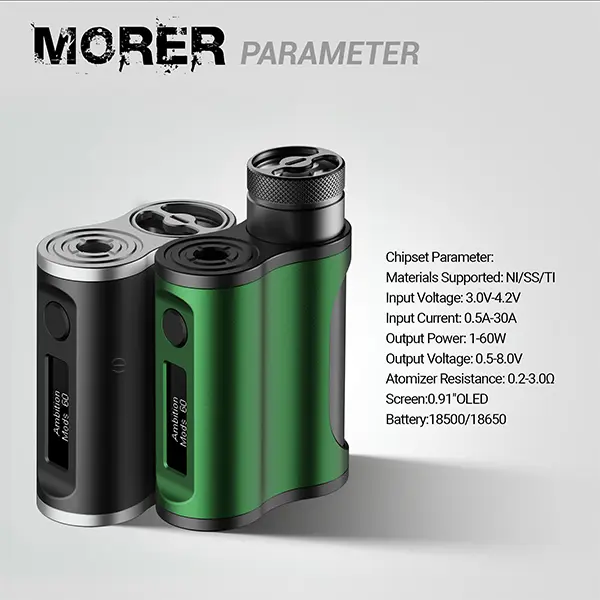 Ambition Mods Morer SBS Mod technische Daten – zwei Geräte in Grün und Schwarz mit Spezifikationen