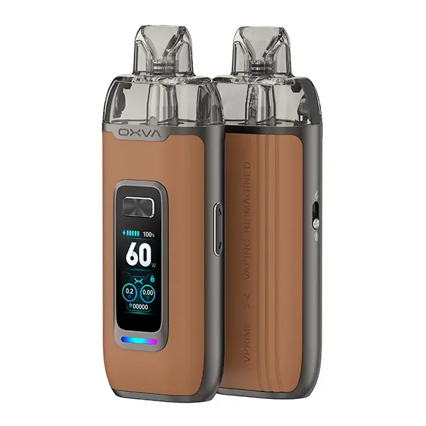 oxva-vprime-pod-kit-12.jpg Oxva VPrime Pod Kit in Braun mit Lederoptik, zwei Ansichten mit Farbdisplay und transparentem Pod