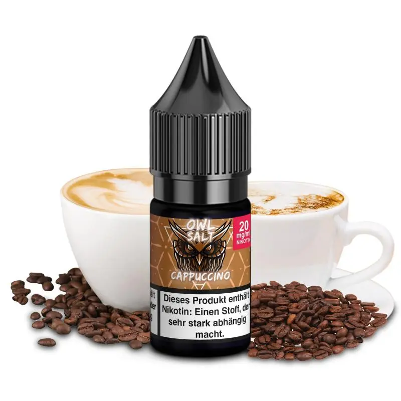 OWL Salt Cappuccino 10ml Nikotinsalz-Liquid Flasche Rückseite mit Nikotin-Hinweis und Kaffeemotiv
