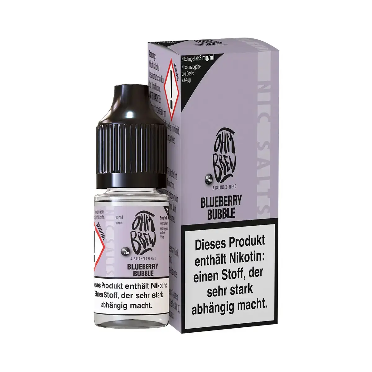 Ohmbrew Blueberry Bubble 10ml Nikotinsalz-Liquid – Flasche mit lila-grauer Verpackung neben Schachtel