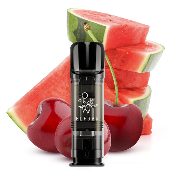 Elfbar Elfa Prefilled Pod Watermelon Cherry – schwarzer Pod-Einsatz vor aufgeschnittener Wassermelone und Kirschen