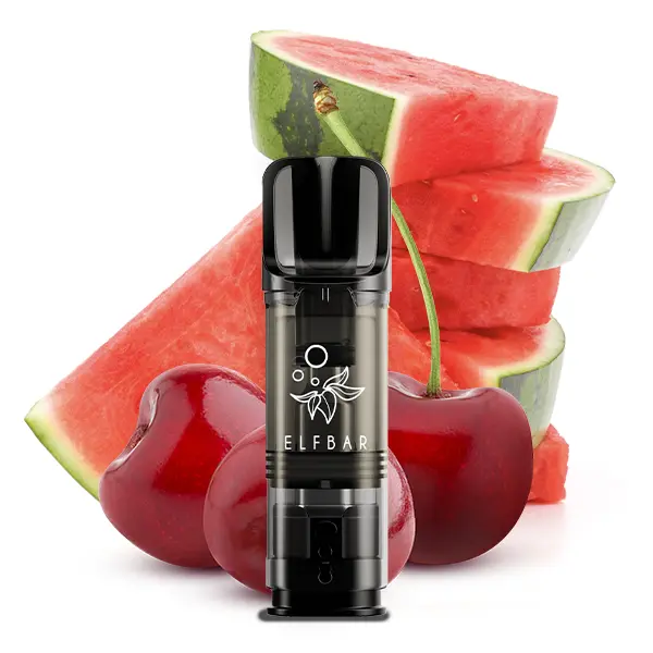 Elfbar Elfa Prefilled Pod Watermelon Cherry – schwarzer Pod-Einsatz vor aufgeschnittener Wassermelone und Kirschen