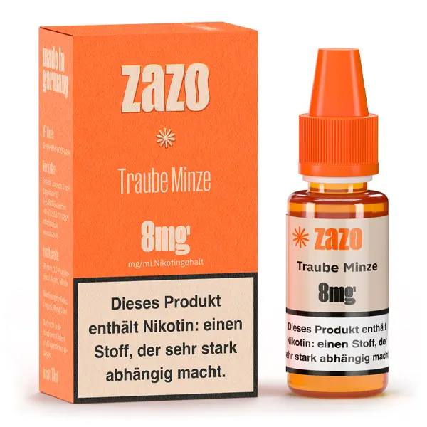ZAZO Neo Traube Minze 10ml Liquid 8mg, orangefarbene Schachtel und Flasche, Frontansicht