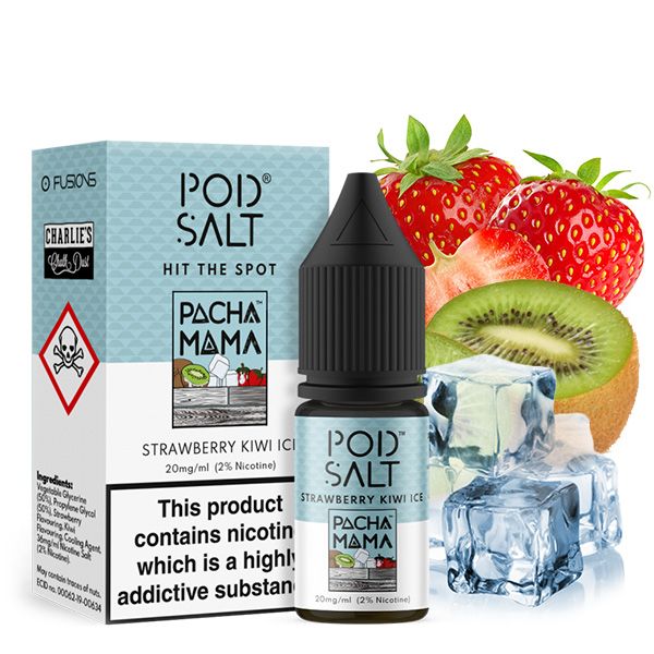 PodSalt Fusion Pacha Mama Strawberry Kiwi Ice 10ml Nikotinsalz-Liquid, weiße Flasche mit Erdbeere und Kiwi