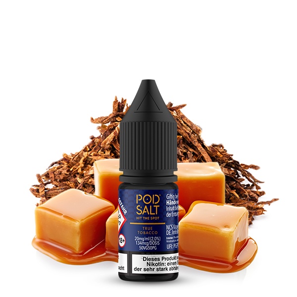 PodSalt Origin True Tobacco Nikotinsalz-Liquid 10ml Flasche mit Tabakblättern und Karamellstücken