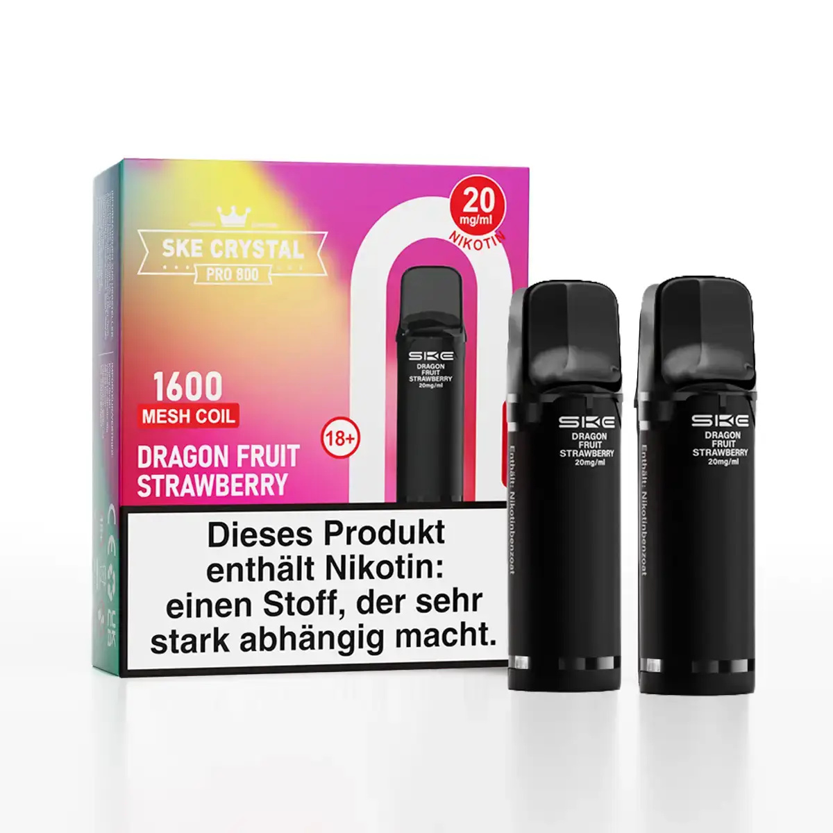 SKE Crystal 800 Pro Prefilled Pod Dragon Fruit Strawberry – Verpackung mit 2 schwarzen Pods