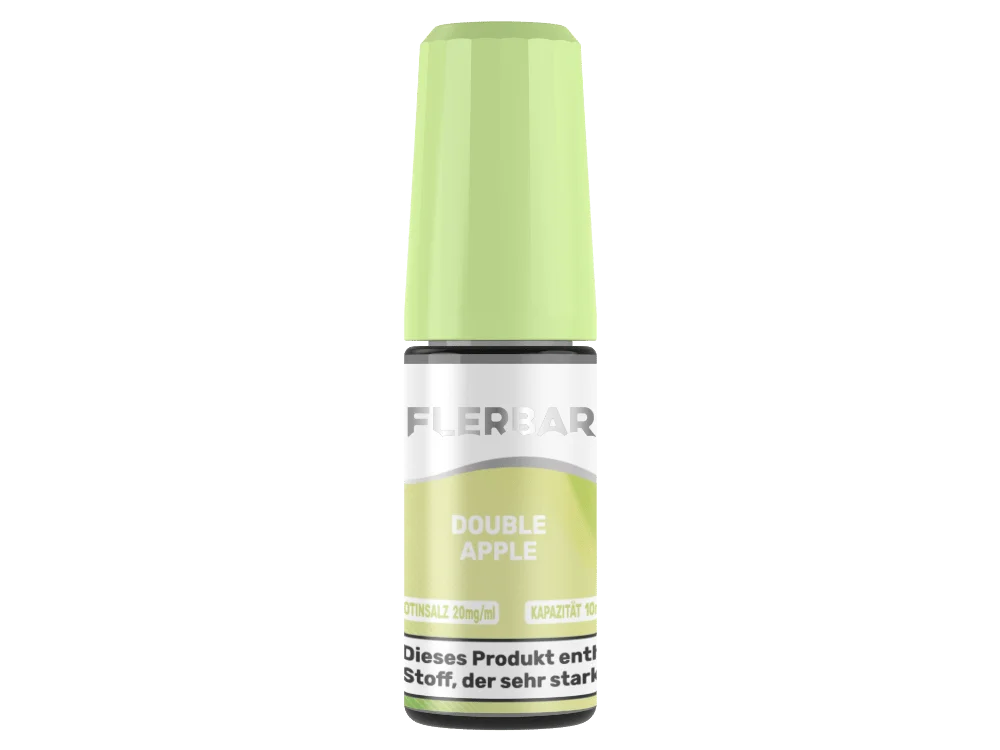 flerbar-liquid-nicsalt-double-apple-20mg_1000x750.png Flerbar Double Apple 10ml Nikotinsalz-Liquid, hellgrüne Flasche mit weißem Deckel, seitliche Ansicht