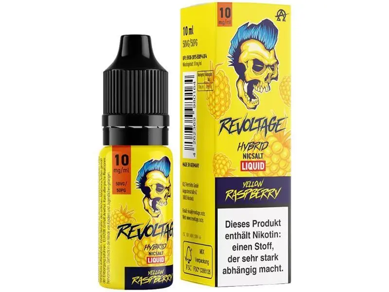 source52515.png Revoltage Yellow Raspberry Hybrid-Nikotinsalz-Liquid 10ml, gelbe Flasche mit Warnhinweis-Rückseite