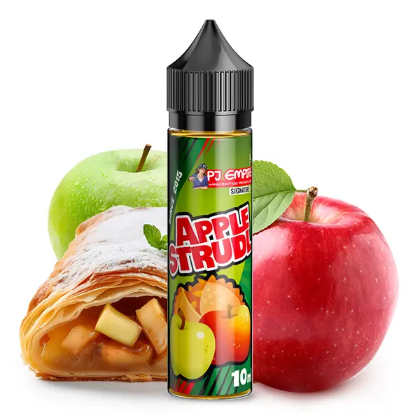 PJ Empire Apple Strudl Longfill 60-ml-Flasche mit grün-rotem Etikett, Äpfeln und Strudel-Motiv, Frontalansicht