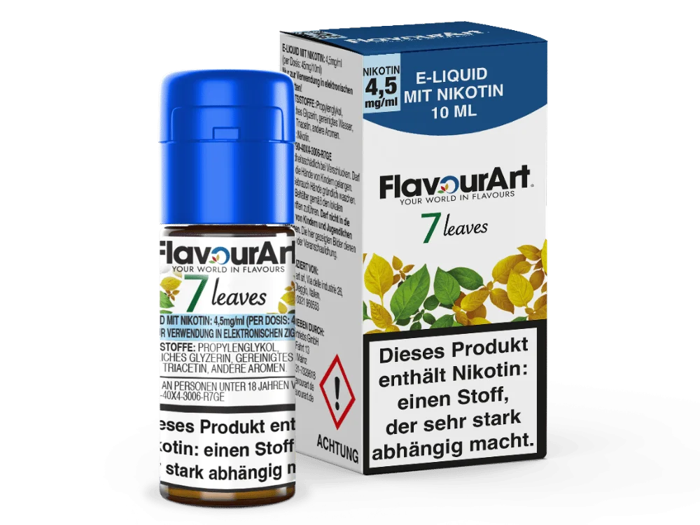 FlavourArt 7 Leaves 10ml eLiquid – Flasche mit grün-goldenem Etikett, Nikotinstärke 4mg