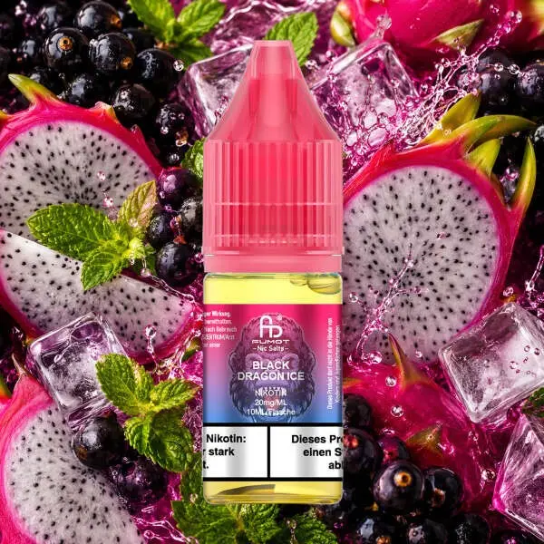 RandM Fumot Black Dragon Ice 10ml Nikotinsalz-Liquid, pinke Flasche vor Drachenfrucht und Eiswürfeln