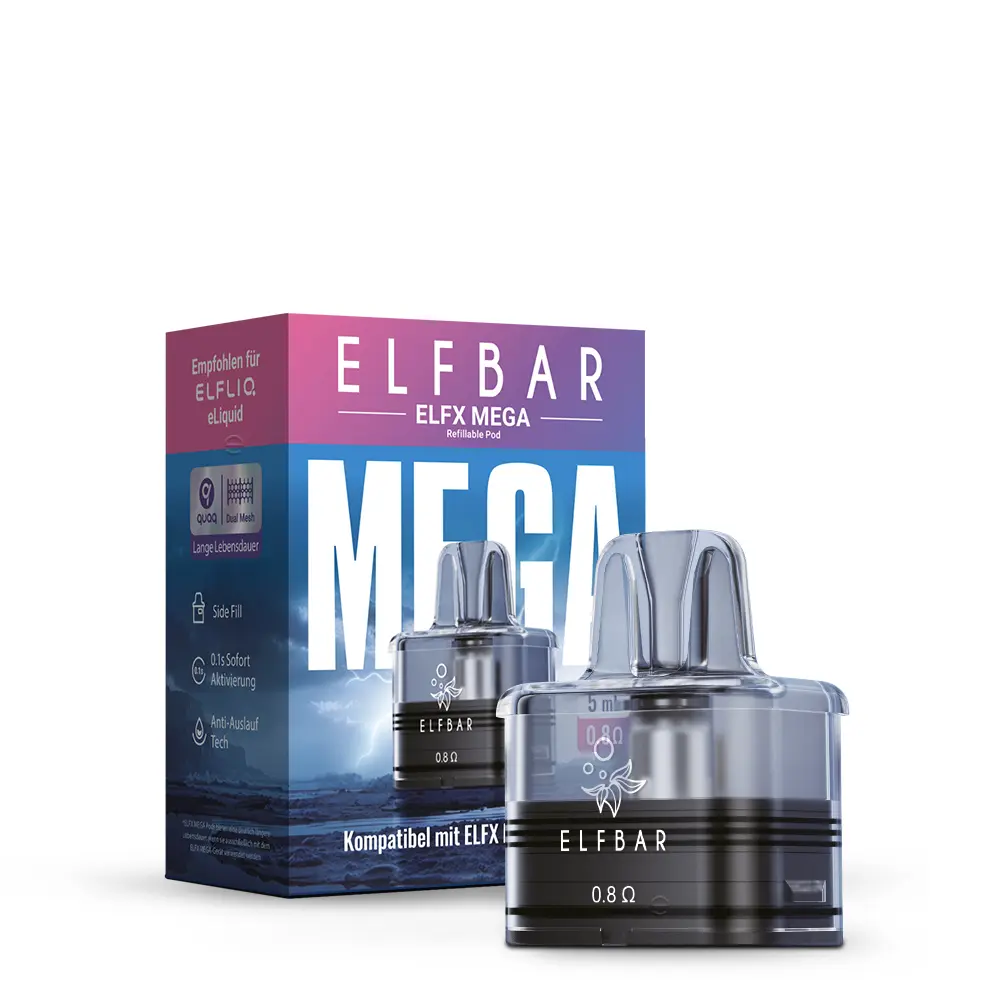 Elfbar ELFX Mega Ersatz-Pod 5ml – Pod und Verpackungskarton, Frontansicht