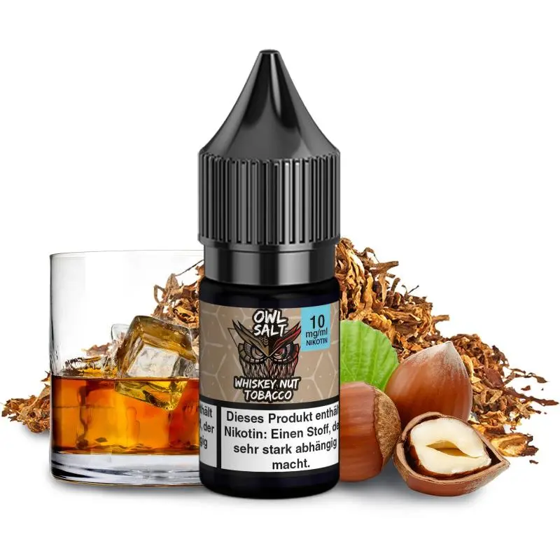OWL Salt Whiskey Nut Tobacco 10ml Nikotinsalz-Liquid Flasche mit Whiskeyglas und Haselnüssen, 12mg