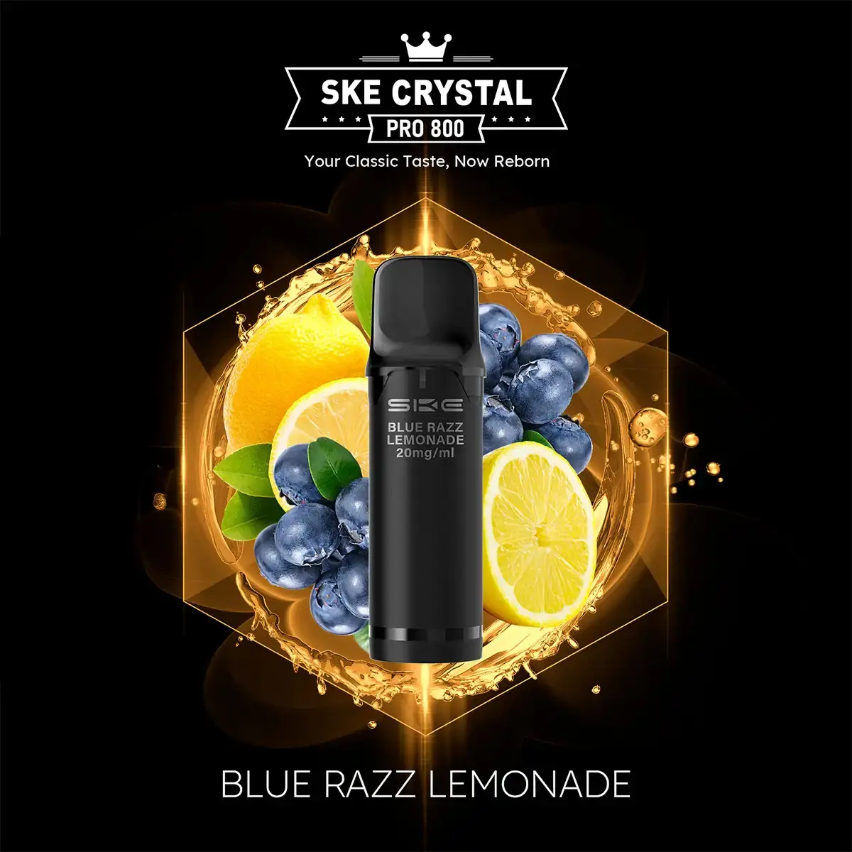 SKE Crystal 800 Pro Prefilled Pod Blue Razz Lemonade – schwarzer Pod vor Blaubeeren und Zitronen