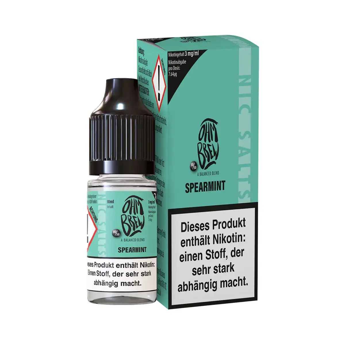Ohmbrew Spearmint 10ml Nikotinsalz-Liquid – türkisfarbene Flasche mit Schachtel, Minz-Geschmack