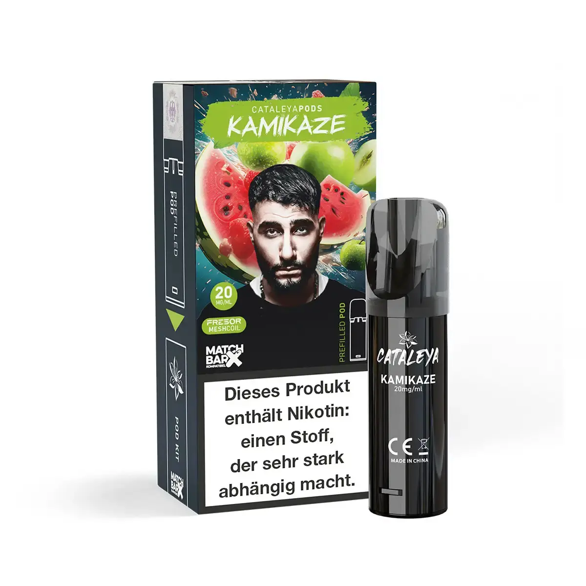 Cataleya Prefilled Pod Kamikaze – grüne Verpackung mit Wassermelonen-Design und schwarzem Pod