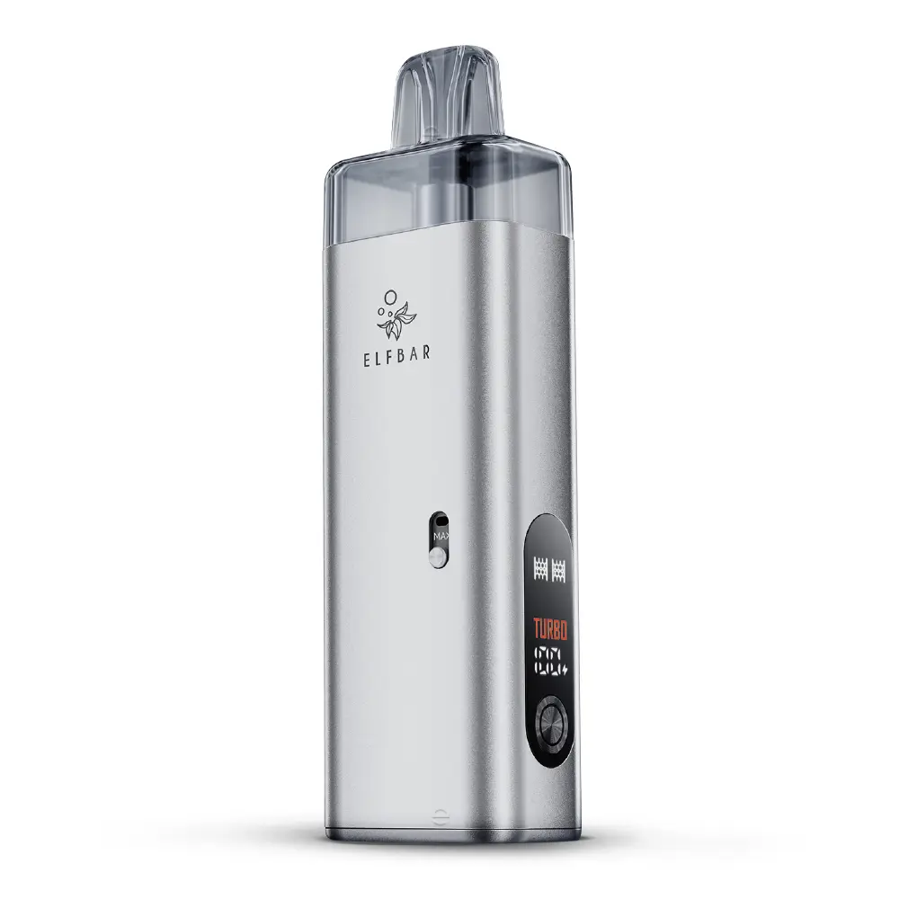Elfbar ELFX Mega Kit Pod-System in Silber mit transparentem Pod und Display, Frontansicht