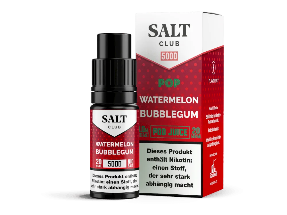 Salt Club 5000 Watermelon Bubblegum 10ml Nikotinsalz-Liquid – rote Flasche mit Wassermelonen-Motiv und Produktkarton