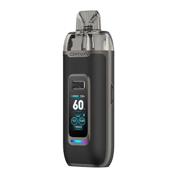 Oxva VPrime Pod Kit in Schwarz mit farbigem Display und transparentem Pod, Frontansicht