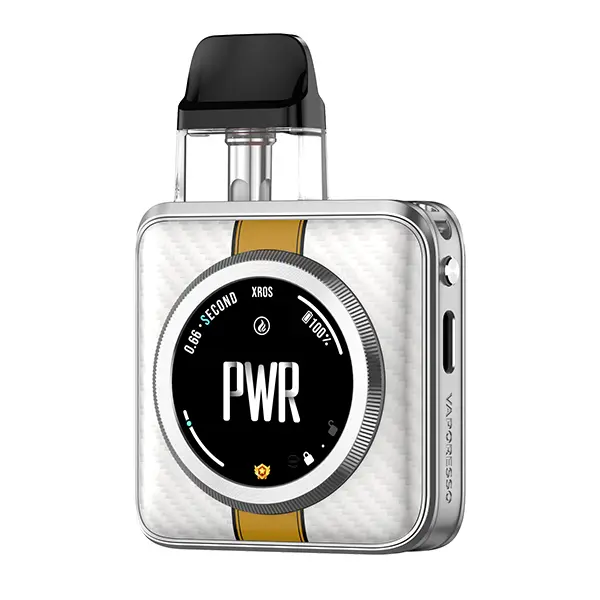 vaporesso-xros-5-nano-4.jpg Vaporesso XROS 5 Nano Pod Kit in Weiß-Silber mit goldenem Akzentstreifen und PWR-Display