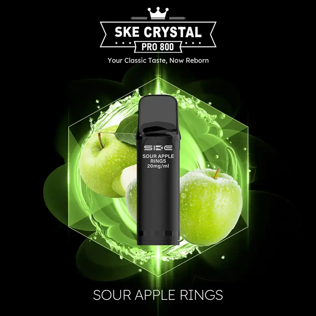 SKE Crystal 800 Pro Prefilled Pod Sour Apple Rings – schwarzer Pod vor grünem Apfel-Hintergrund