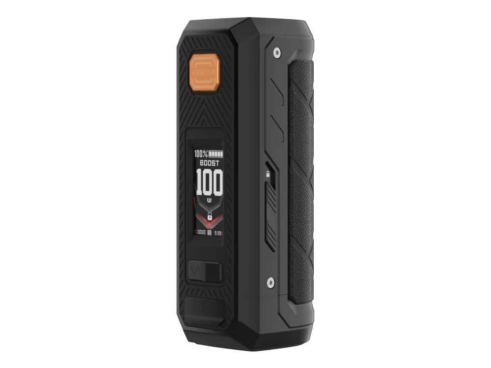 vaporesso_amour_ultra_5500_mAh_akku_obsidian_black_5_1000x750.png Vaporesso Armour Ultra Mod Akkuträger in Schwarz mit orangem Akzent und OLED-Display, Frontansicht