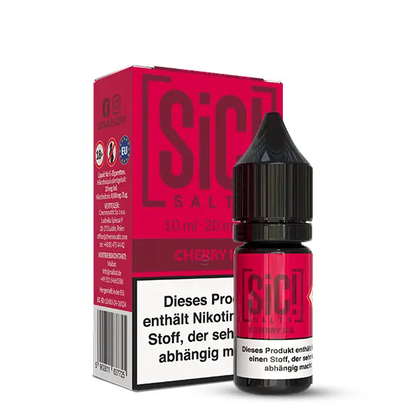 sic-cherry-ice-nikotinsalz-2.jpg SiC! Salts Cherry Ice 10ml Nikotinsalz-Liquid – rote Schachtel mit Flasche, Frontansicht