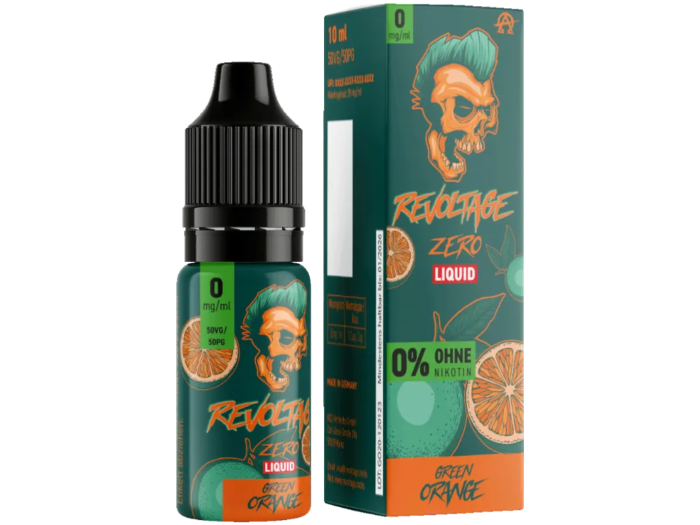Revoltage Green Orange Nikotinsalz-Liquid 10ml, grüne Flasche mit orangefarbener Schrift und 0%-Variante neben der Verpackung