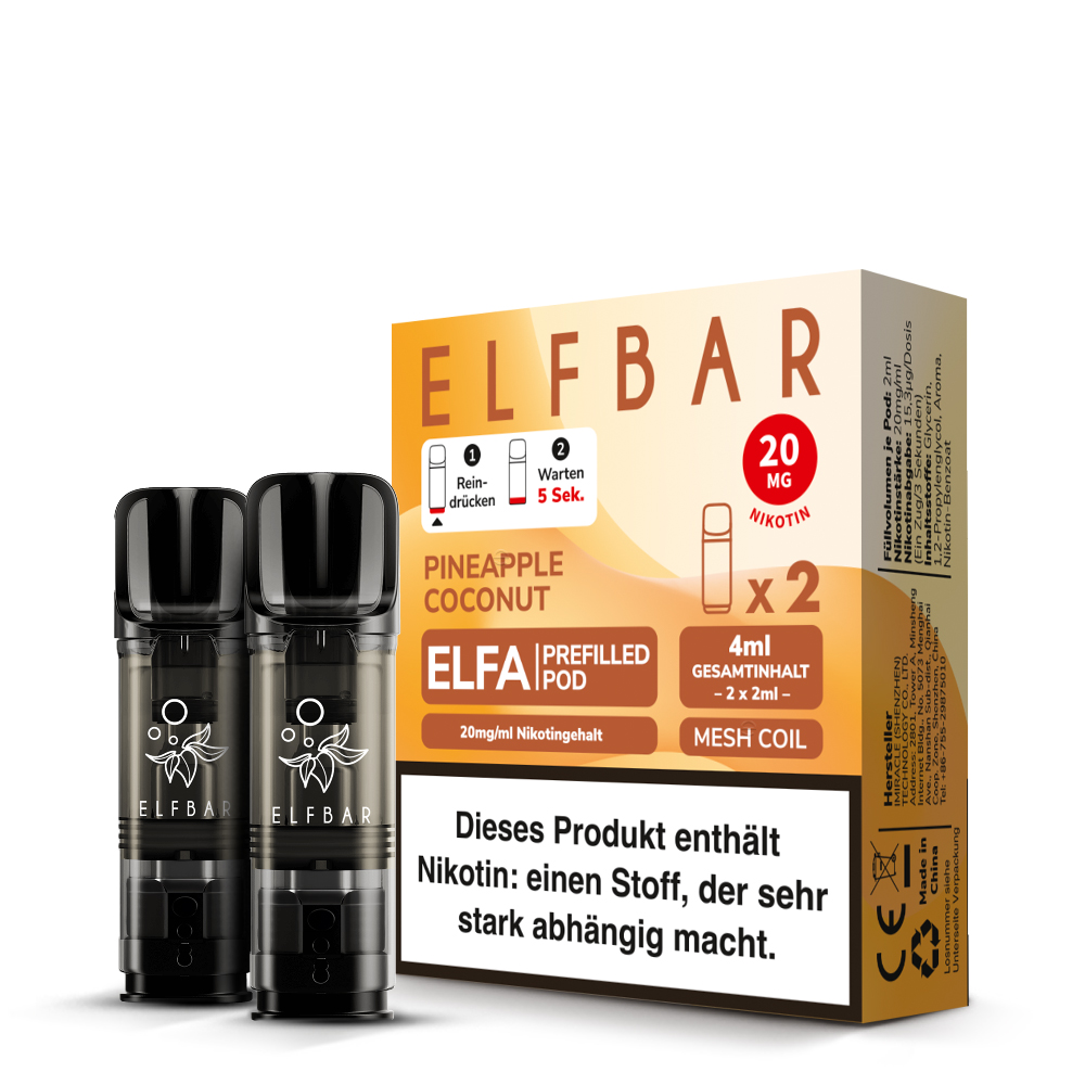 Elfbar Elfa Prefilled Pod Pineapple Coconut 20mg/ml im 2er-Pack, goldene Verpackung mit zwei schwarzen Pods
