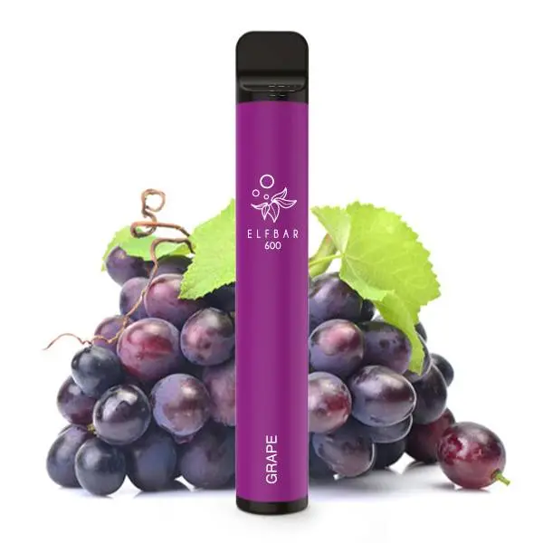 Elfbar 600 Einweg E-Zigarette in Lila, Grape-Geschmack, 20mg/ml Nikotin, vor Weintrauben-Hintergrund