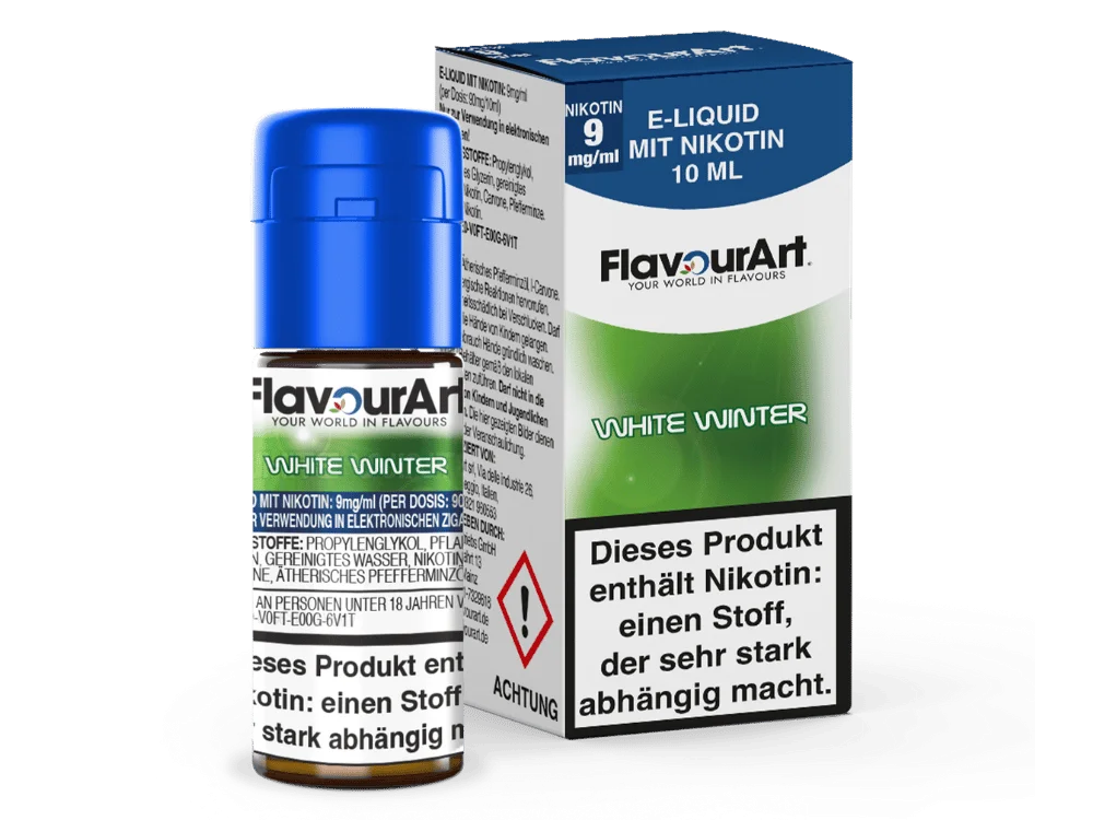 FlavourArt_Liquid_White_Winter_9_mg_Flasche_Packung_1000x750.png Flavourart White Winter 10ml eLiquid 9mg/ml, grüne Verpackung mit Flasche, Schrägansicht