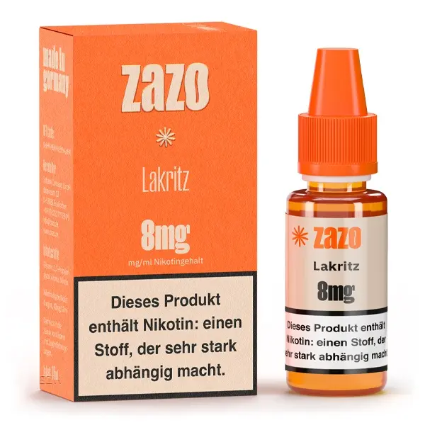 ZAZO Classics Lakritz 10ml Liquid, orange Flasche neben oranger Verpackung, 8mg Nikotin, Frontansicht
