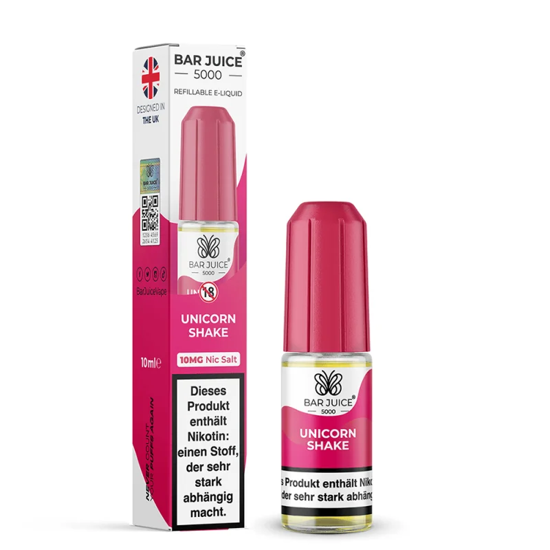 Bar Juice 5000 Unicorn Shake Nikotinsalz-Liquid 10ml – pink-rote Flasche mit Verpackungsbox, Vorderansicht